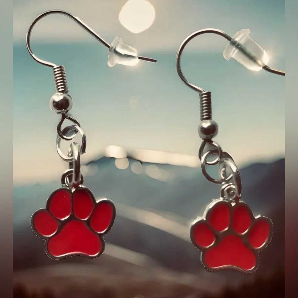 NWT Dog Cat Red Paw Stainless Dangle Pierced Earrings *benefits animal rescue
